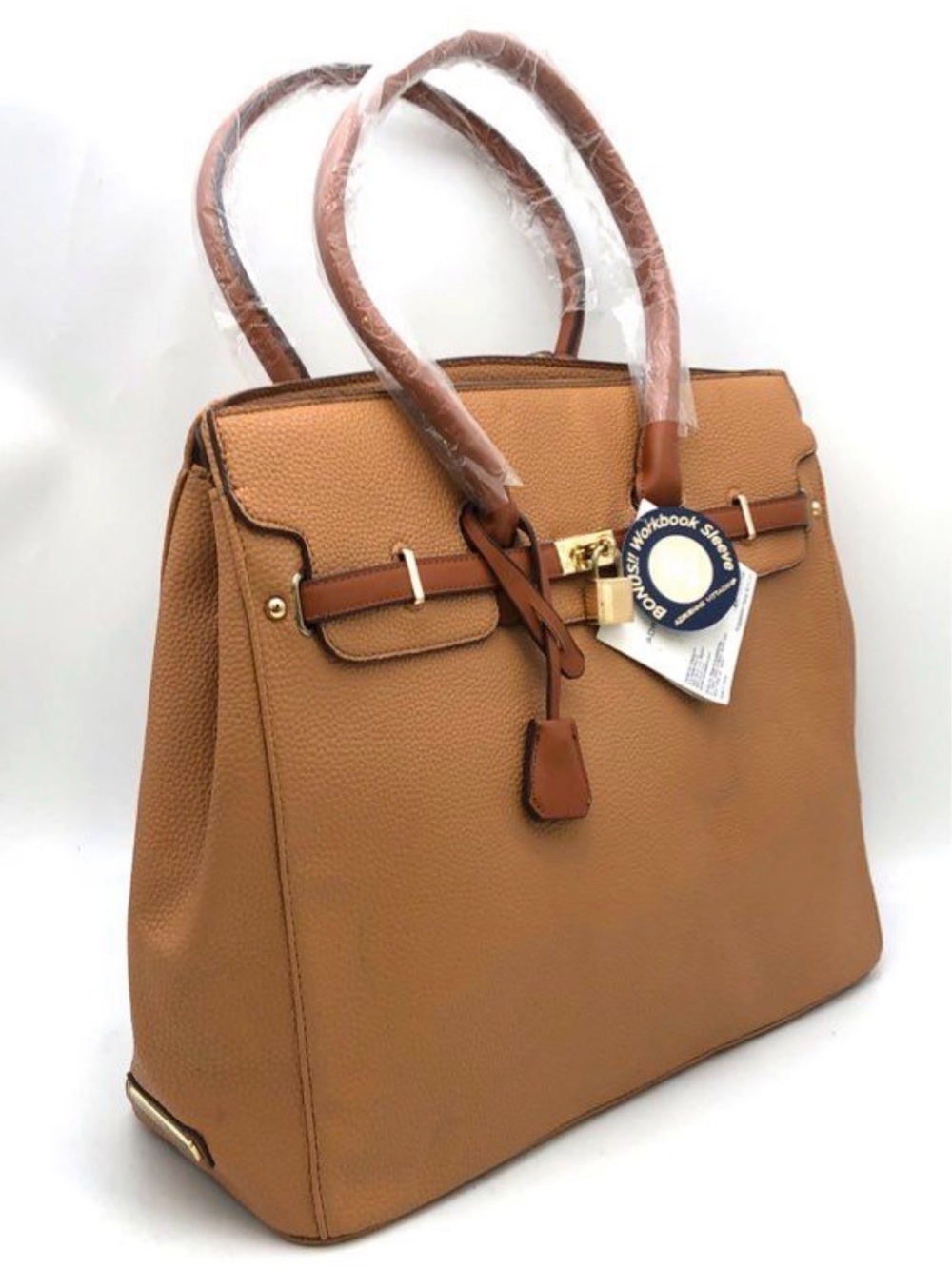 Adrienne Vittadini Natural Pebbled Tote Bag Gold Hardware Workbook Sleeve - Picture 3 of 8